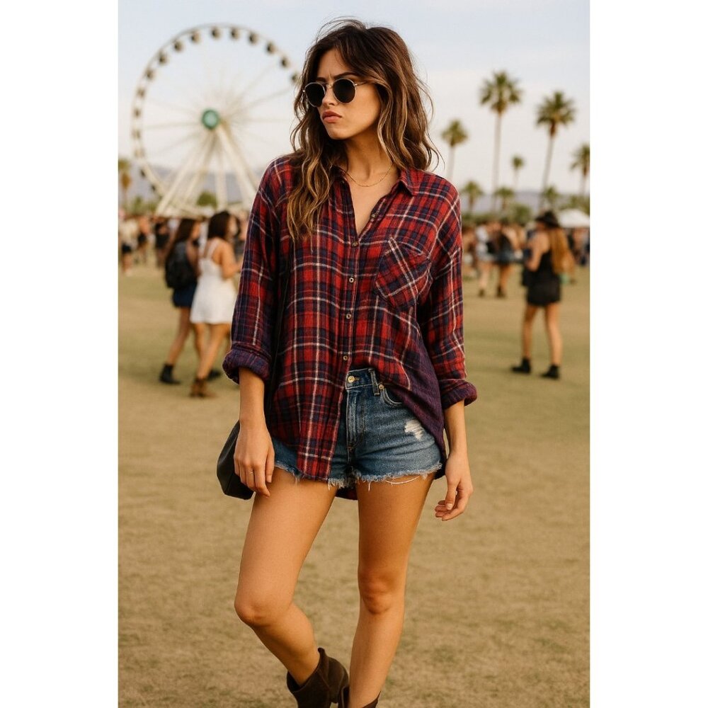 Free People Plaid Oversized Button Down Blouse – Red Blue Boho Grunge